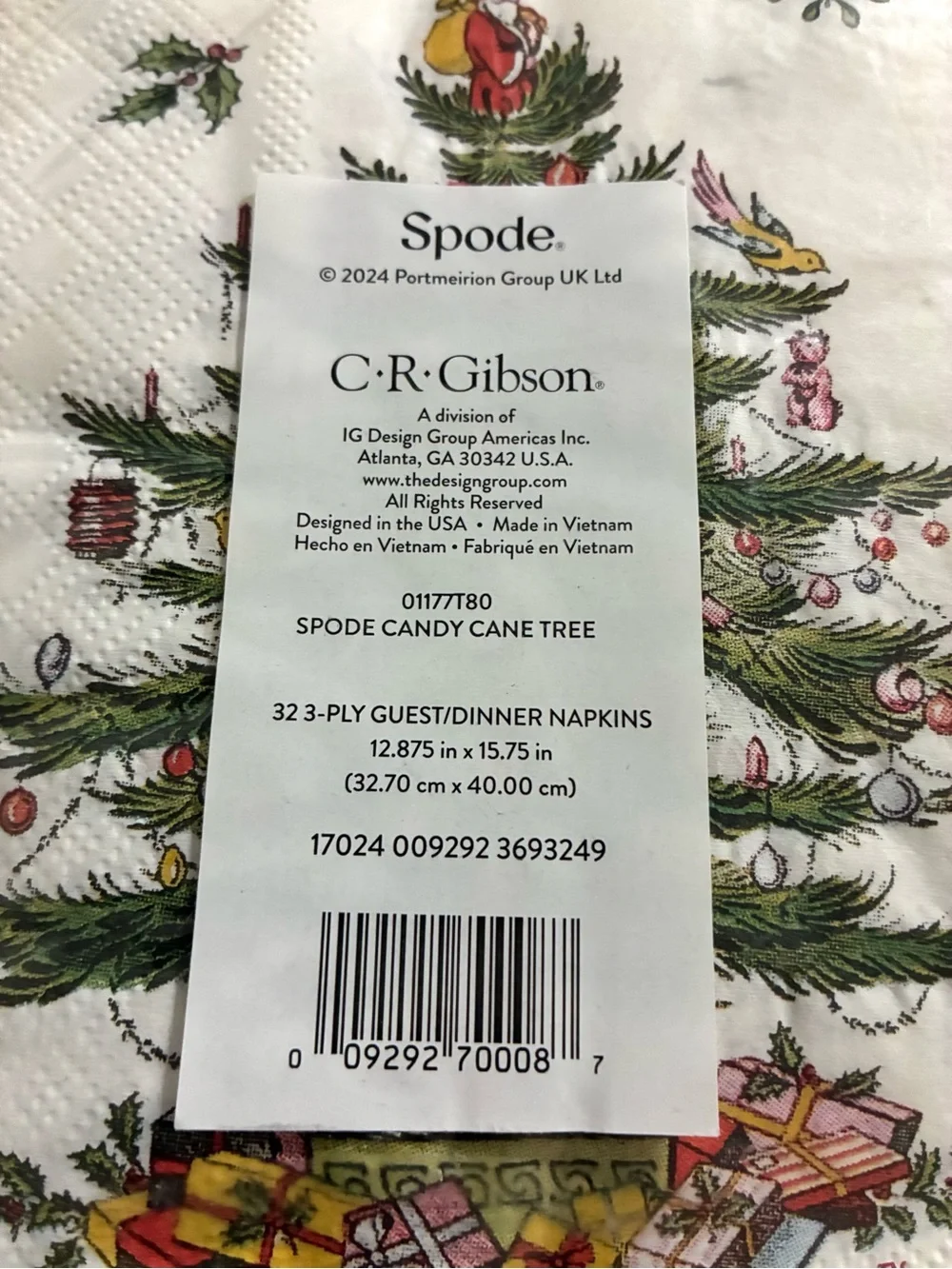 CR Gibson SPODE CANDY CANE TREE Pack of 32 Paper Dinner Napkins Christmas NWT